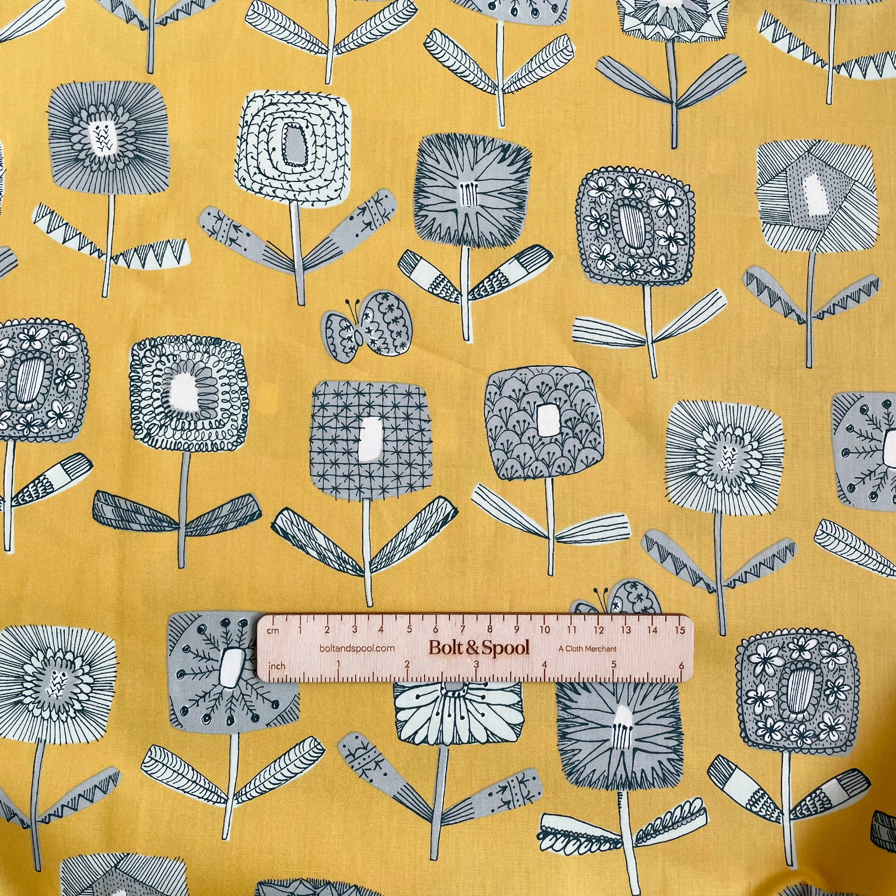 1-3/4 yard Remnant : Kokka Hokkoh Broadcloth - Block Flower Yellow
