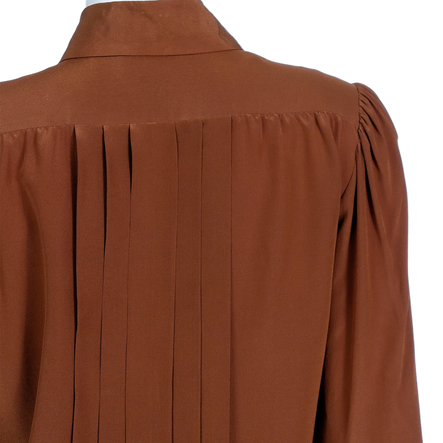 1970s Yves Saint Laurent Brown Silk Pleated Collared Blouse