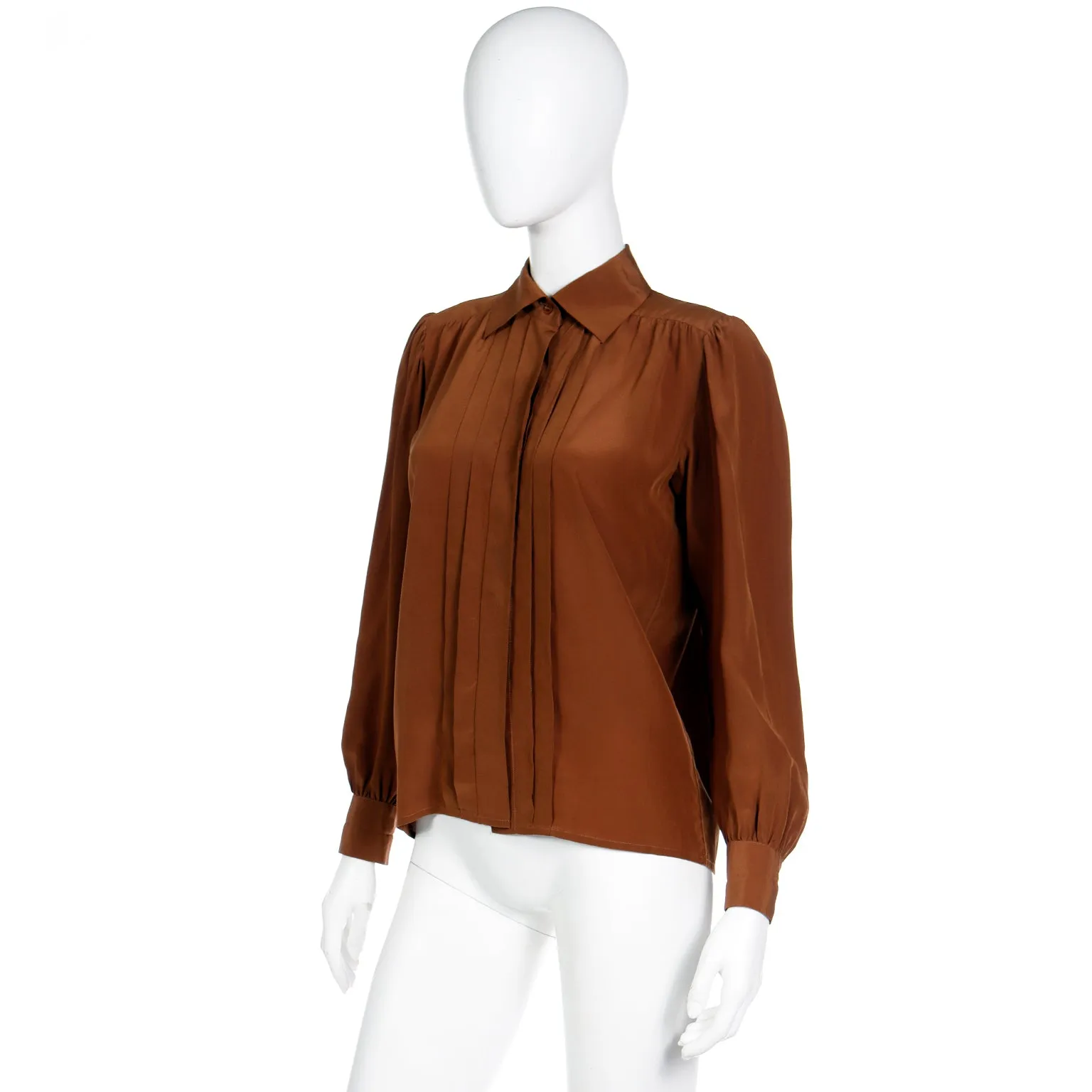 1970s Yves Saint Laurent Brown Silk Pleated Collared Blouse