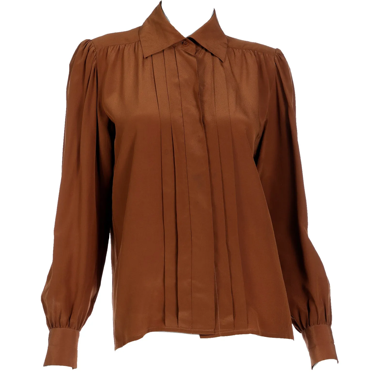 1970s Yves Saint Laurent Brown Silk Pleated Collared Blouse