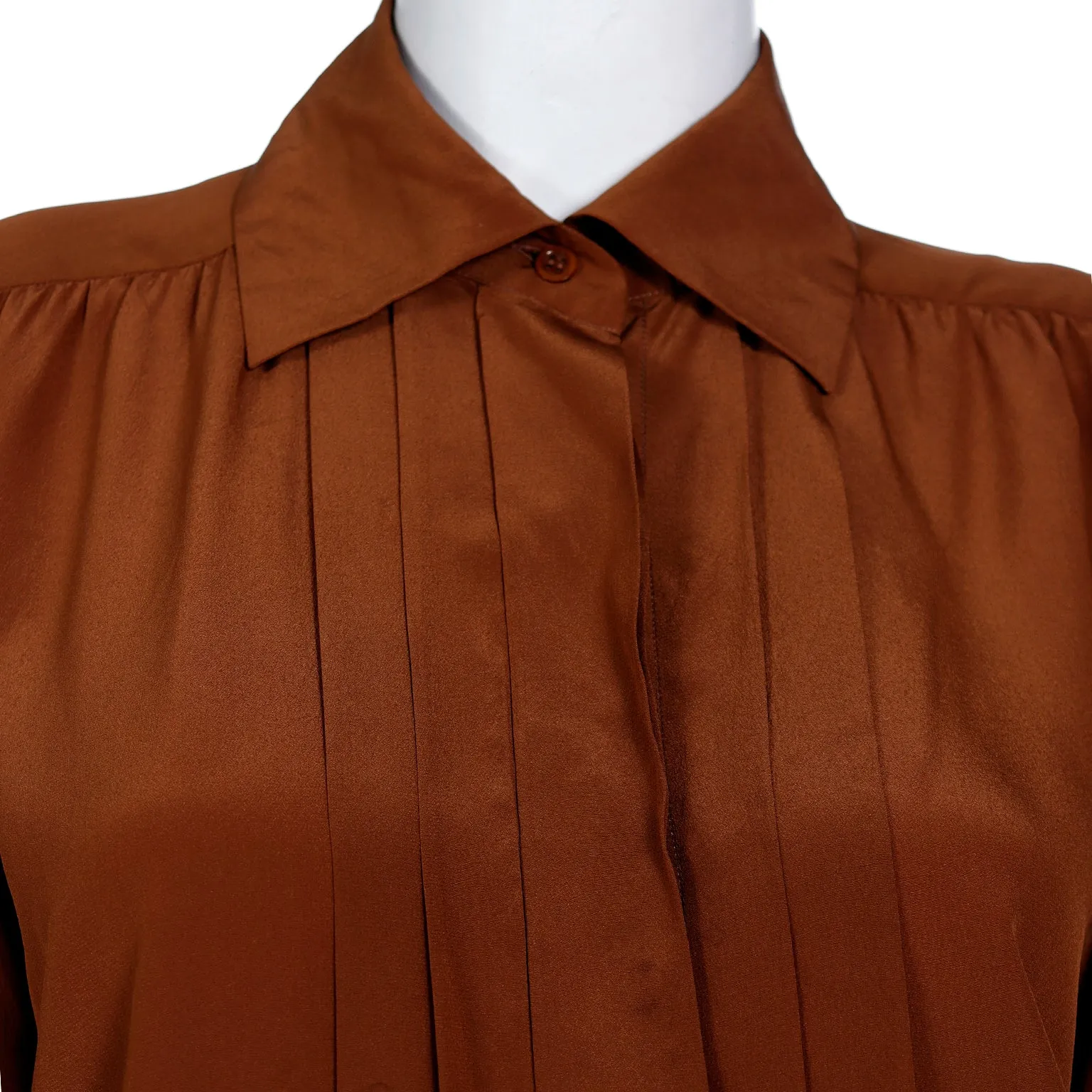 1970s Yves Saint Laurent Brown Silk Pleated Collared Blouse