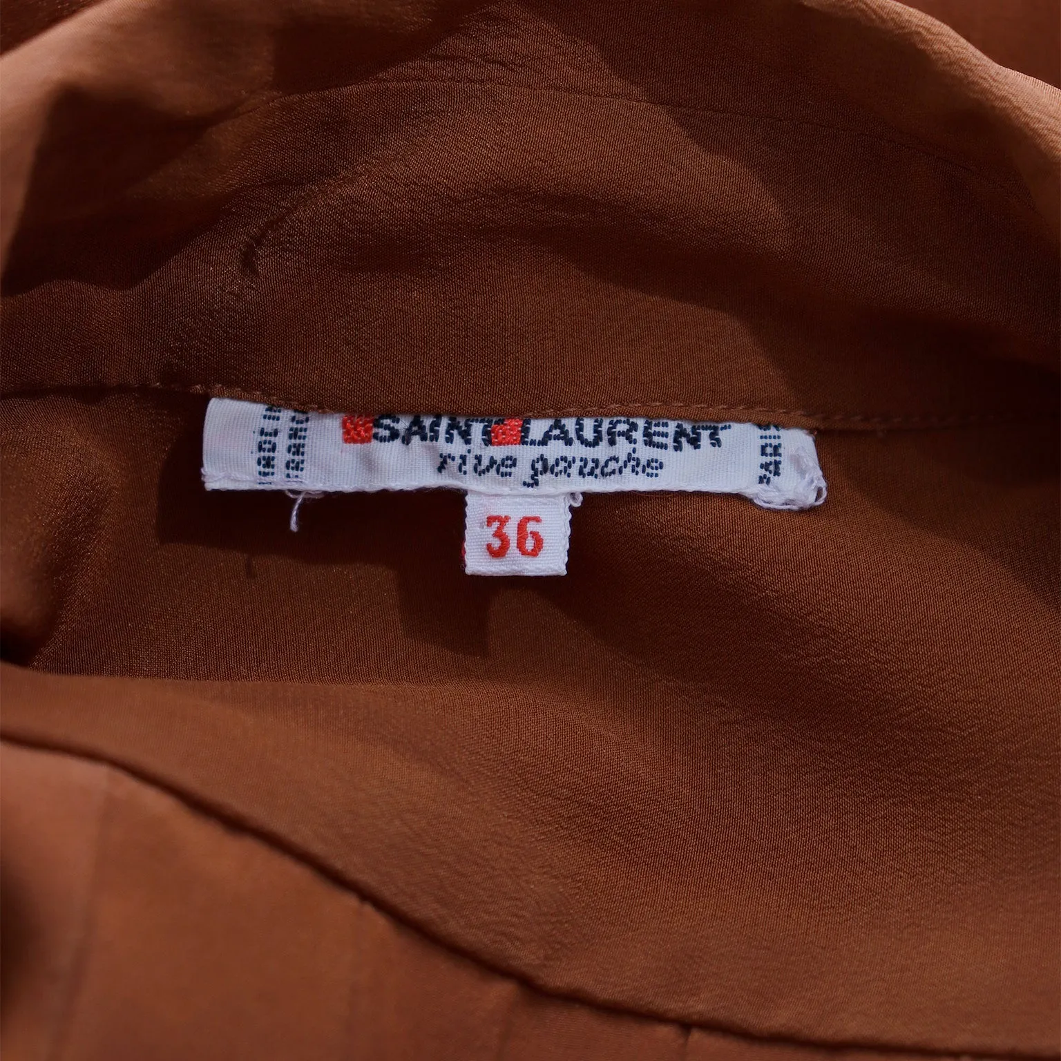 1970s Yves Saint Laurent Brown Silk Pleated Collared Blouse