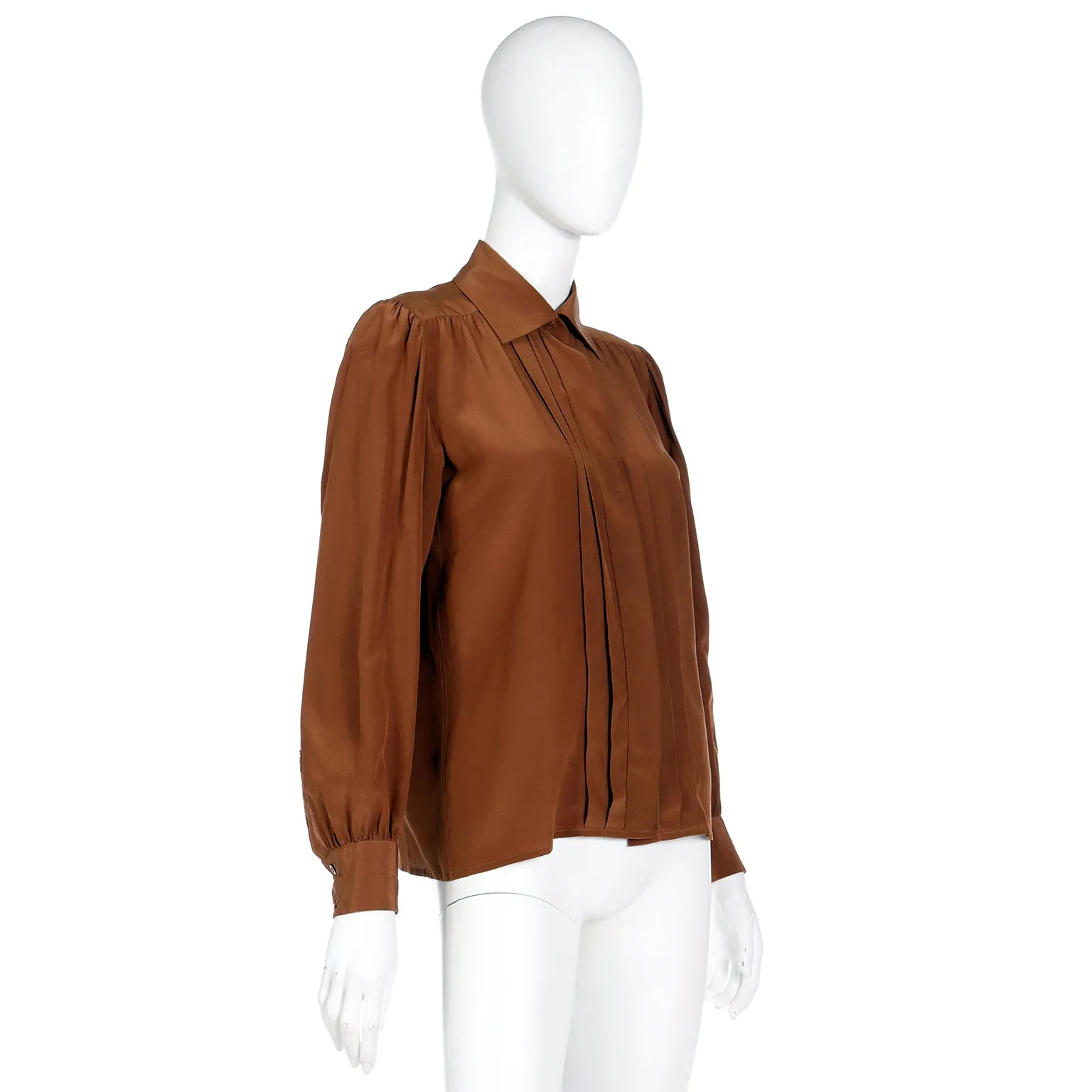 1970s Yves Saint Laurent Brown Silk Pleated Collared Blouse