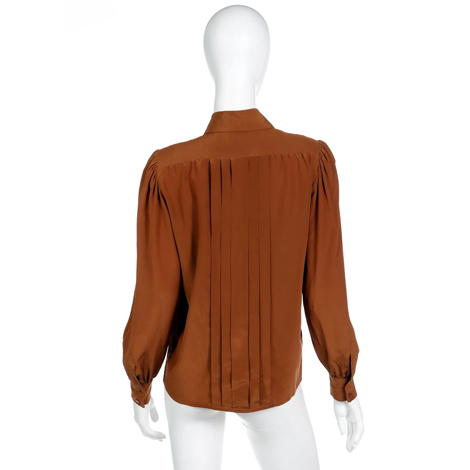 1970s Yves Saint Laurent Brown Silk Pleated Collared Blouse