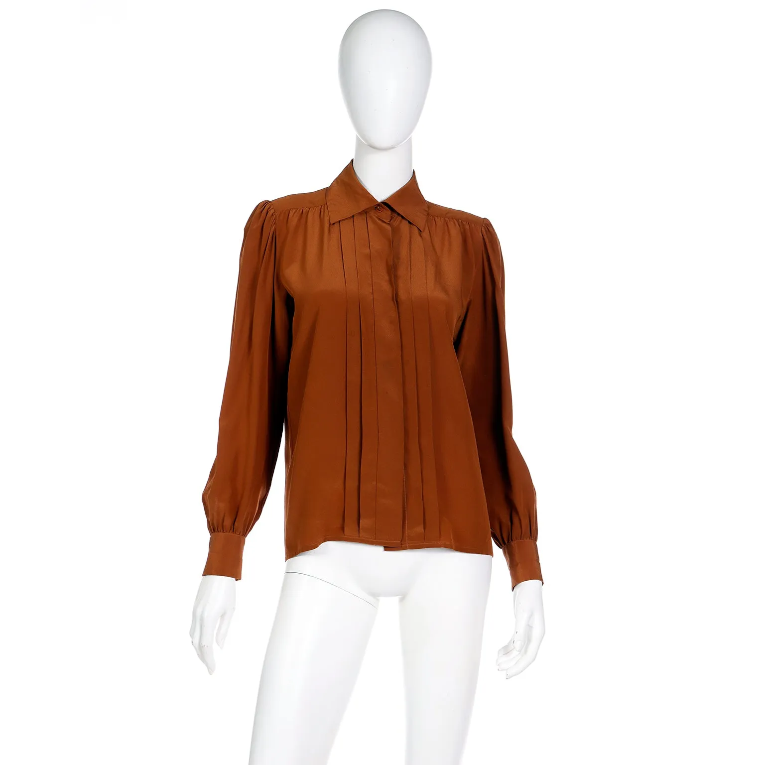 1970s Yves Saint Laurent Brown Silk Pleated Collared Blouse