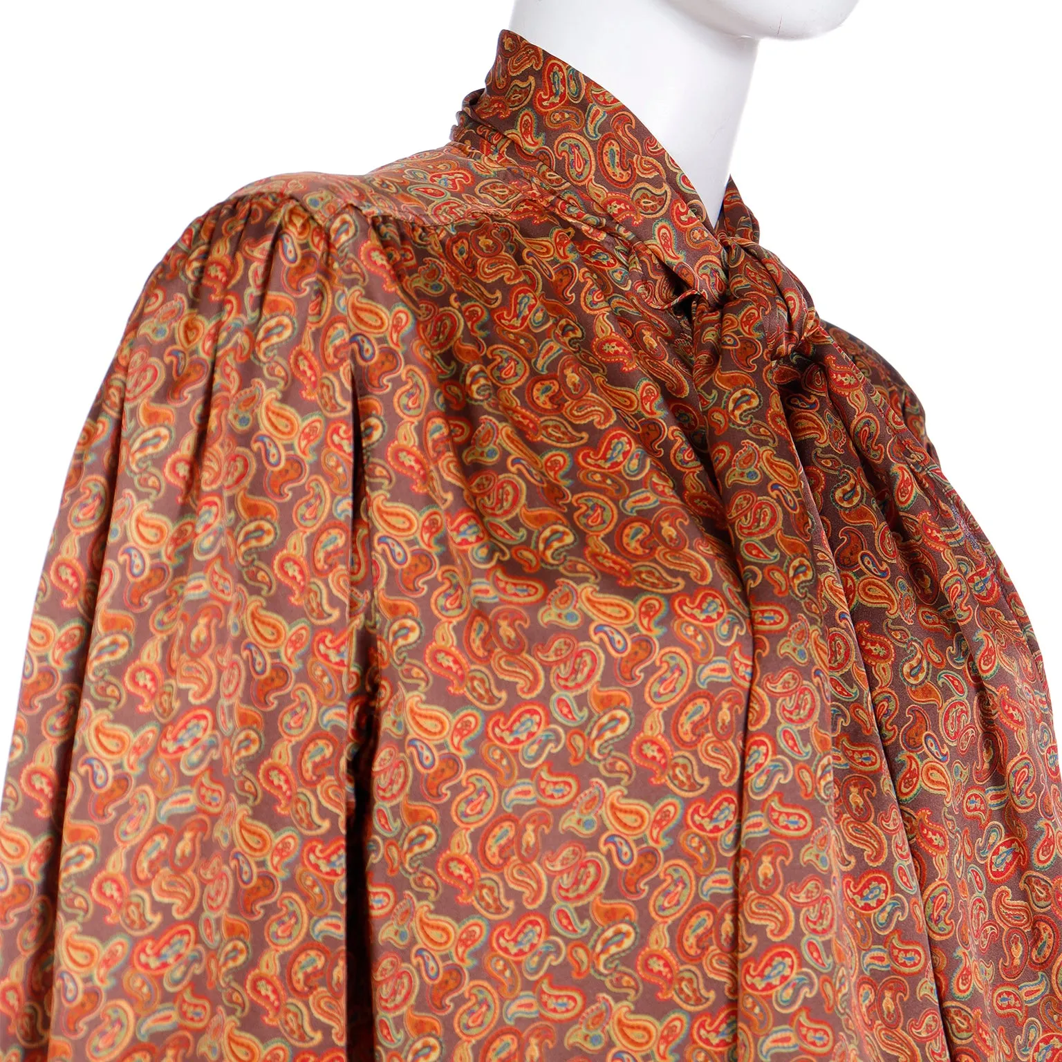 1980s Escada Copper Brown Yellow & Orange Paisley Print Silk Blouse