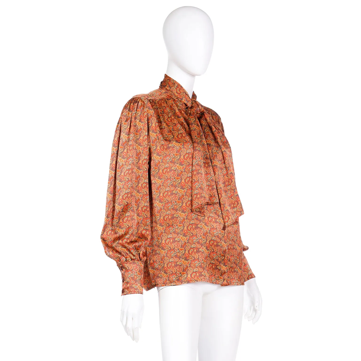 1980s Escada Copper Brown Yellow & Orange Paisley Print Silk Blouse