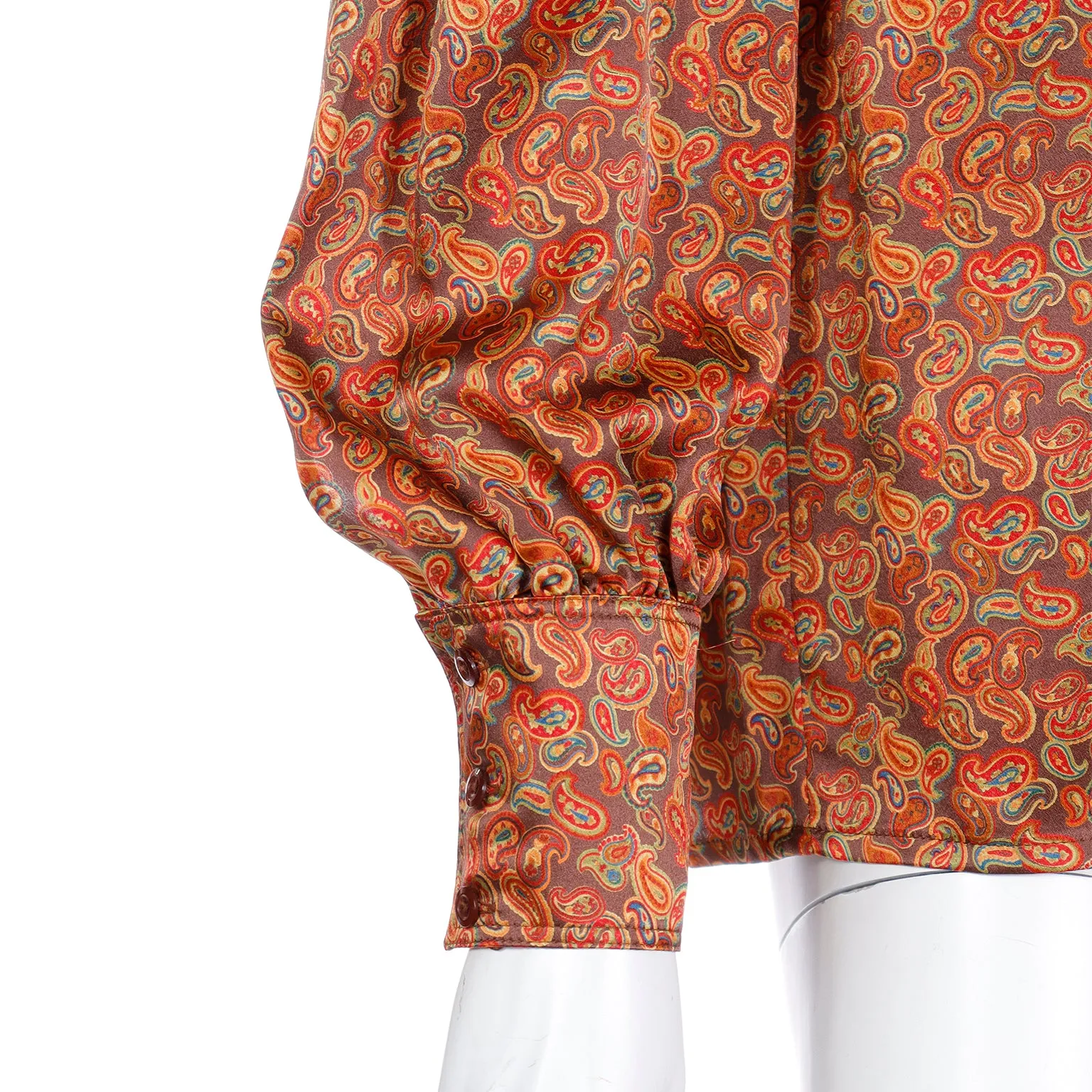 1980s Escada Copper Brown Yellow & Orange Paisley Print Silk Blouse