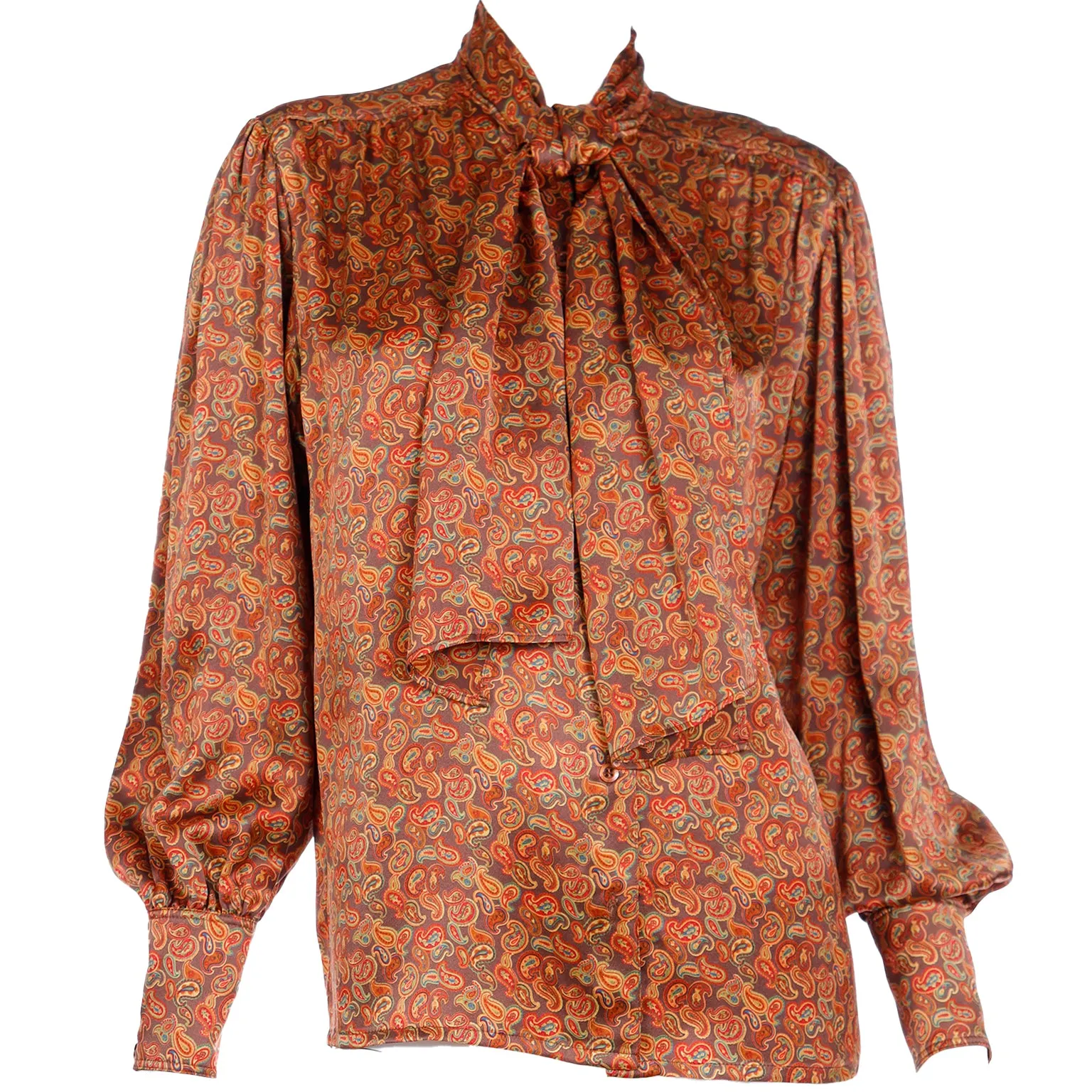 1980s Escada Copper Brown Yellow & Orange Paisley Print Silk Blouse