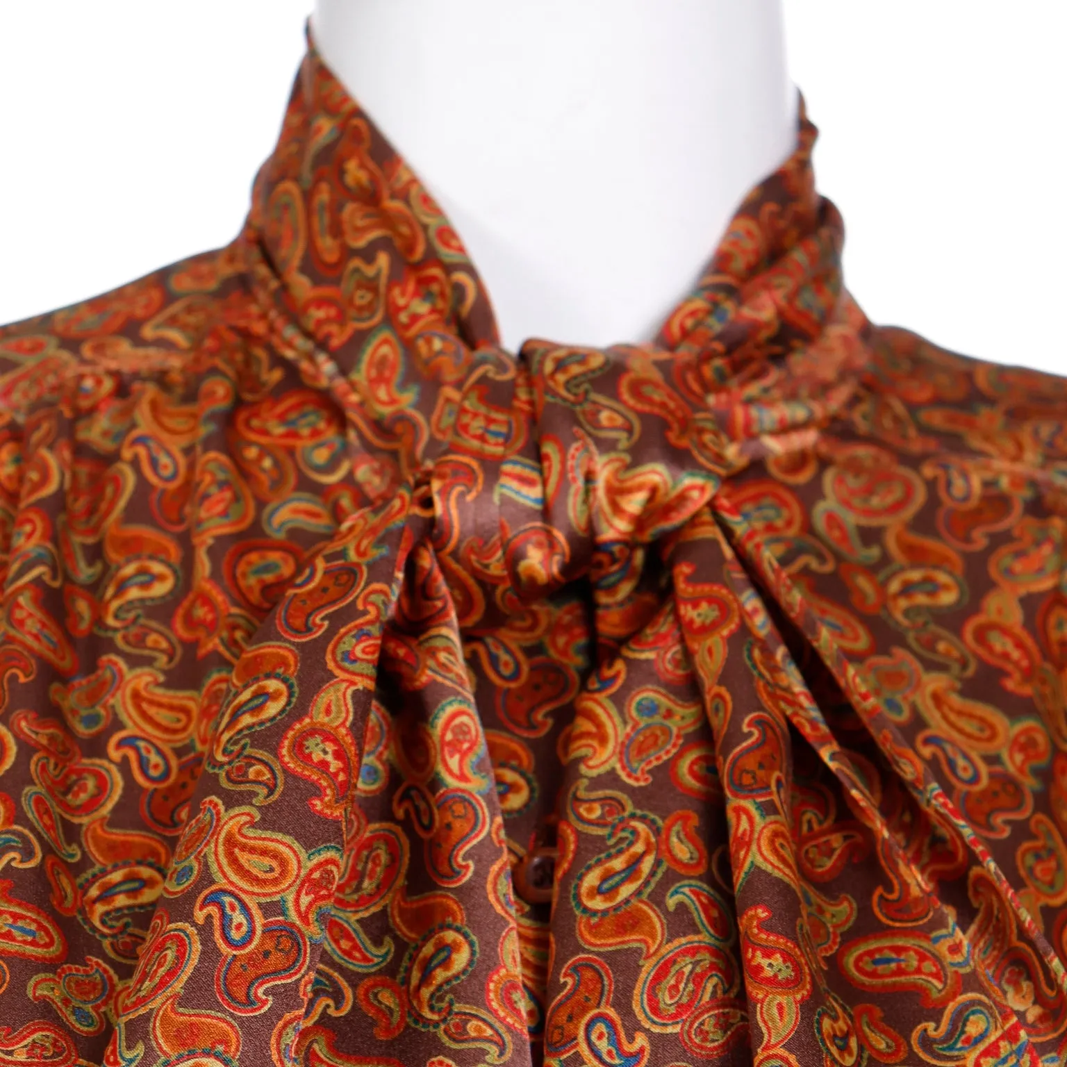 1980s Escada Copper Brown Yellow & Orange Paisley Print Silk Blouse