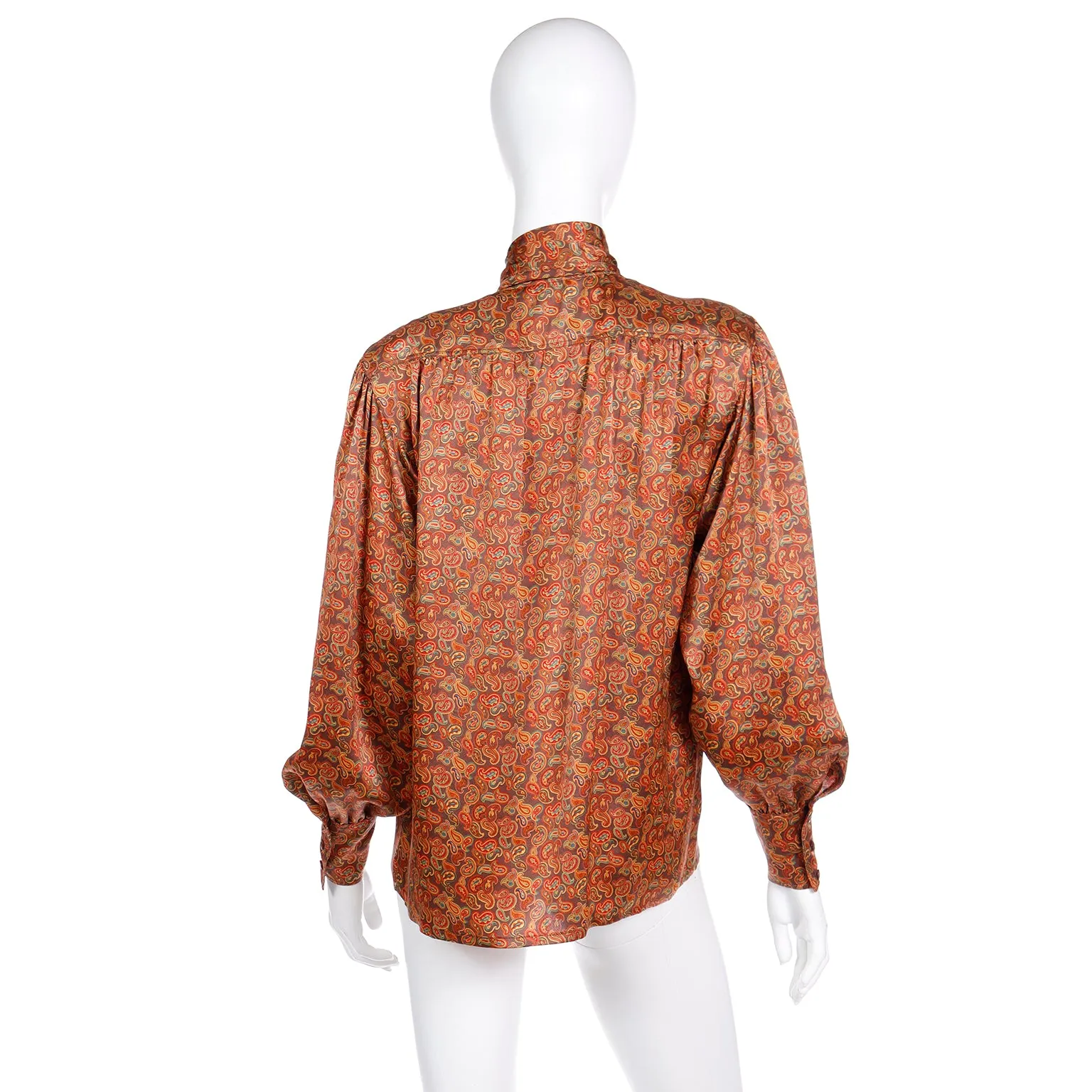1980s Escada Copper Brown Yellow & Orange Paisley Print Silk Blouse