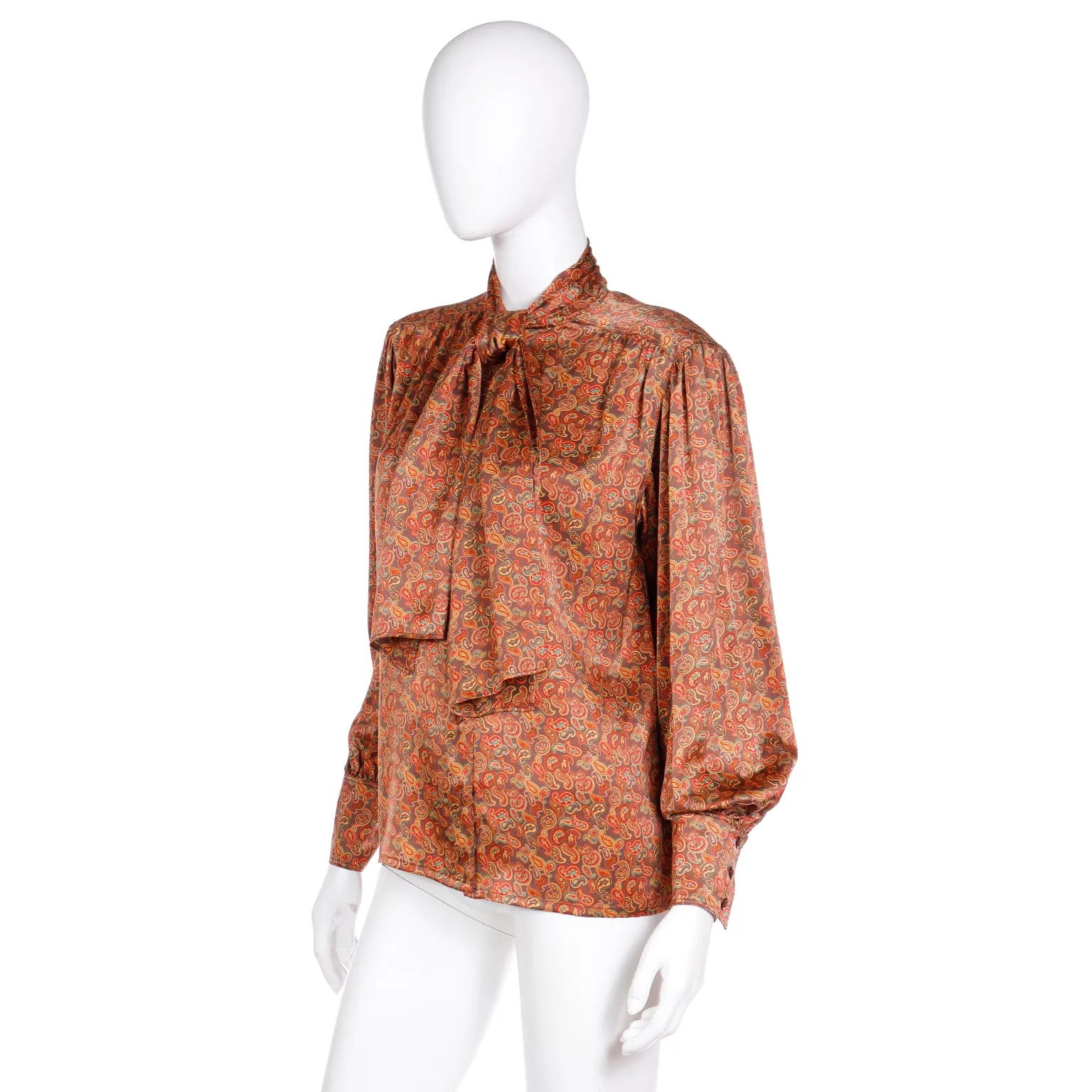 1980s Escada Copper Brown Yellow & Orange Paisley Print Silk Blouse