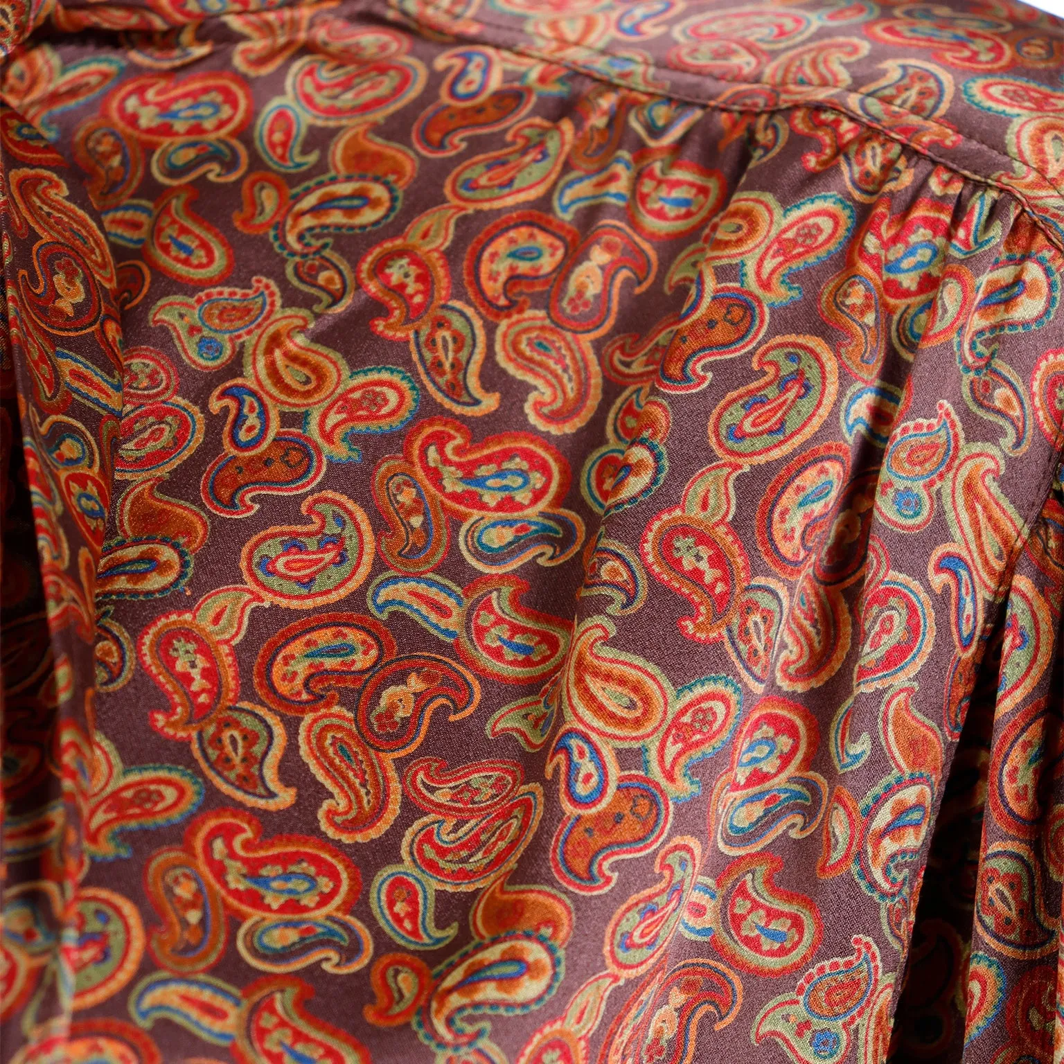 1980s Escada Copper Brown Yellow & Orange Paisley Print Silk Blouse