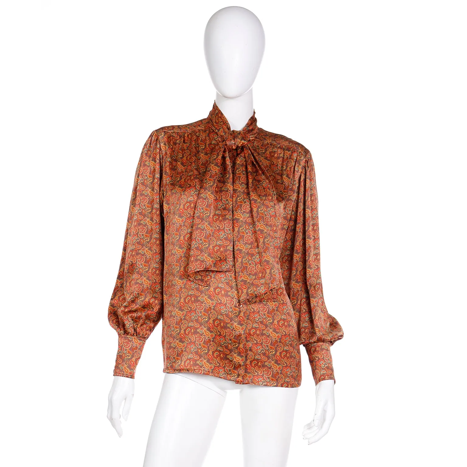 1980s Escada Copper Brown Yellow & Orange Paisley Print Silk Blouse
