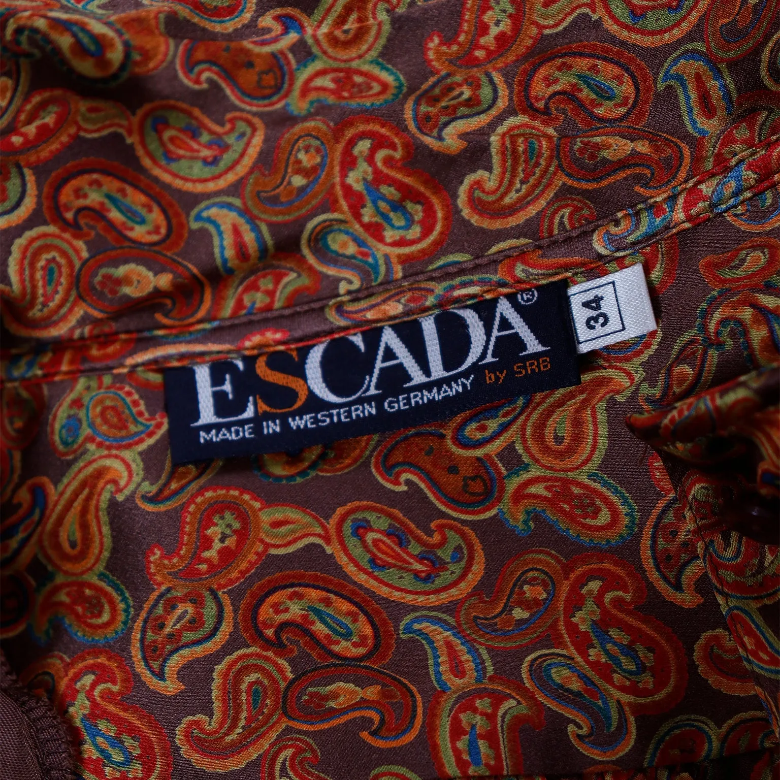 1980s Escada Copper Brown Yellow & Orange Paisley Print Silk Blouse