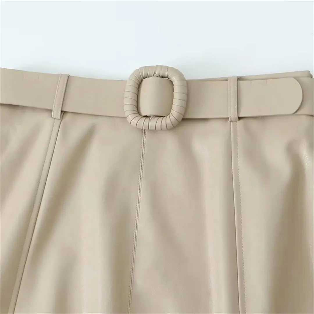 2023 Autumn Women's Casual Loose Fit Imitation Leather Midi Skirt High Waist Skirt