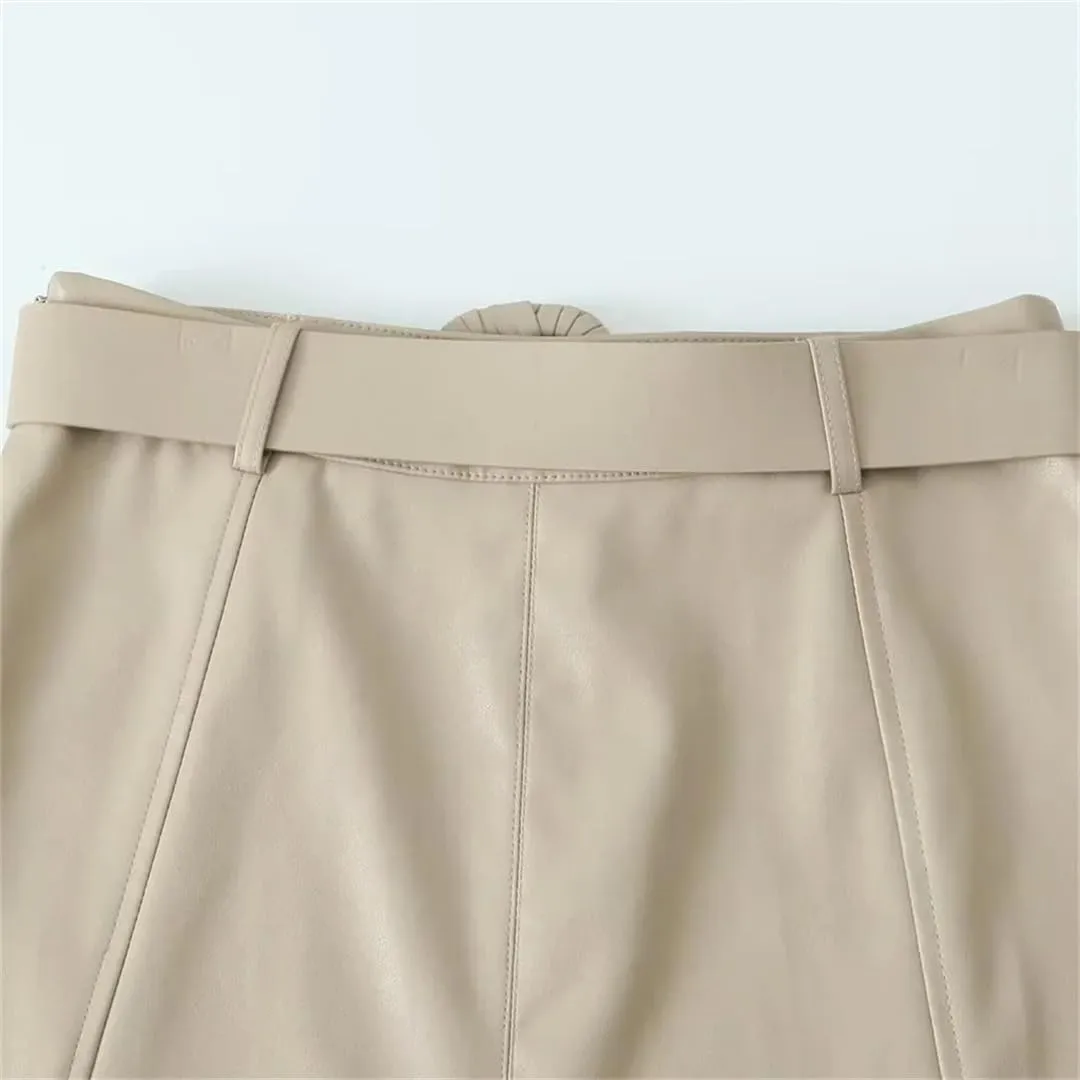 2023 Autumn Women's Casual Loose Fit Imitation Leather Midi Skirt High Waist Skirt
