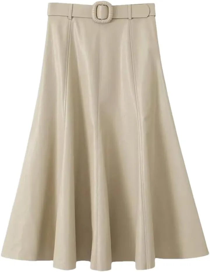 2023 Autumn Women's Casual Loose Fit Imitation Leather Midi Skirt High Waist Skirt