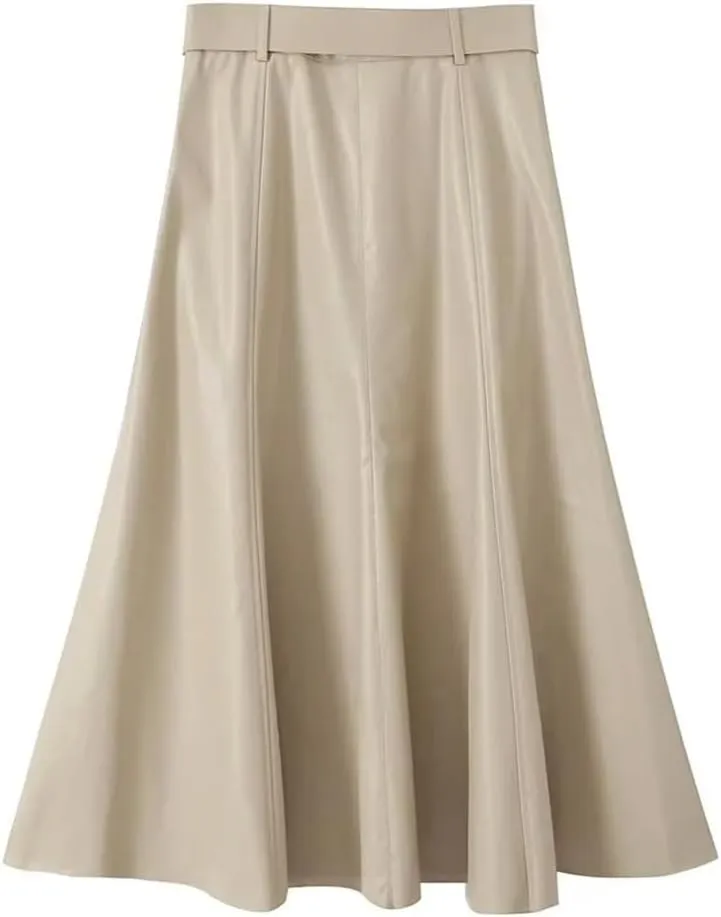 2023 Autumn Women's Casual Loose Fit Imitation Leather Midi Skirt High Waist Skirt