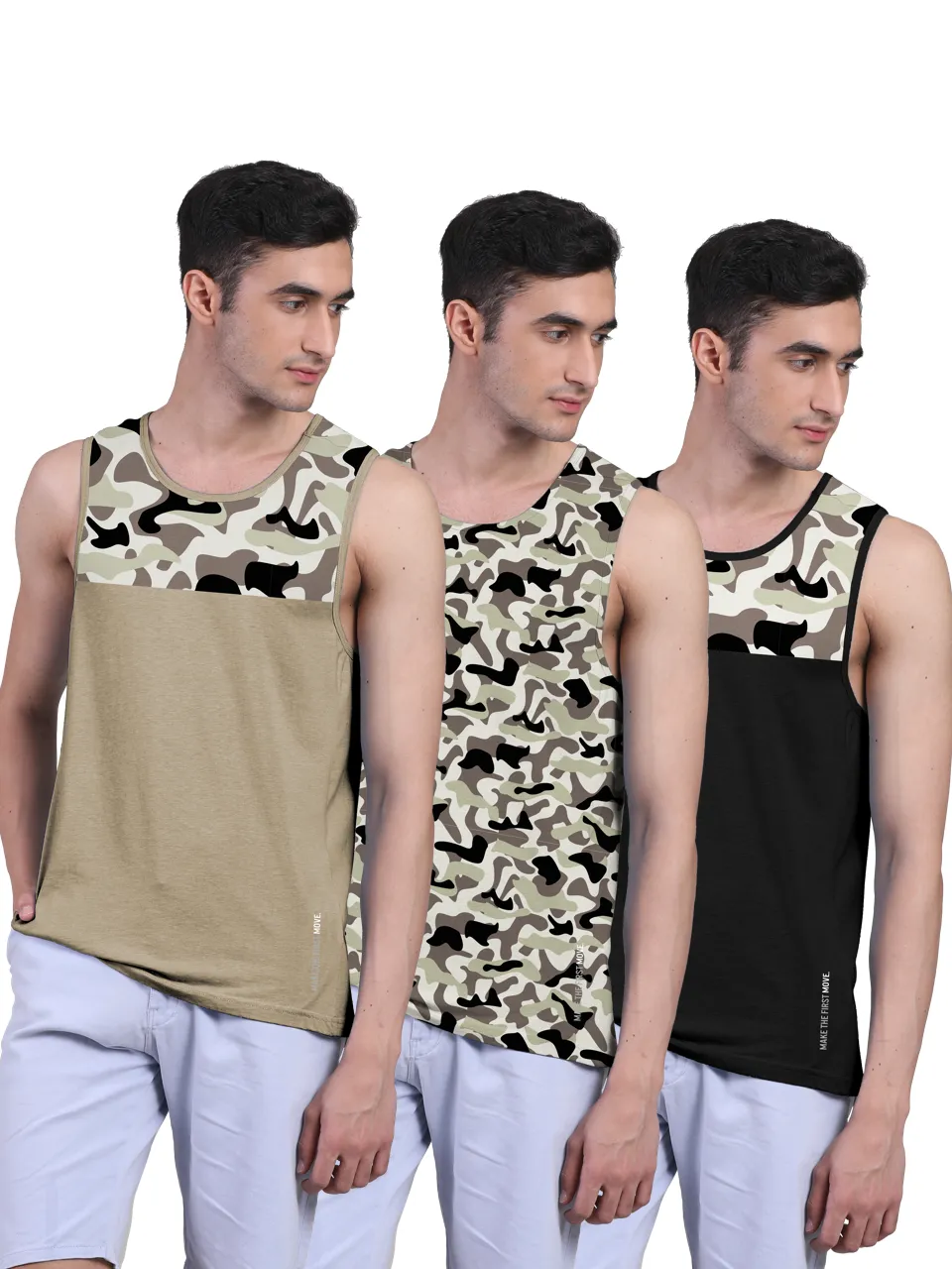 Active Vest For Men's Front Yoke Camouflage Regular Organic Bamboo Vest - Active Fit (Pack of 3)
