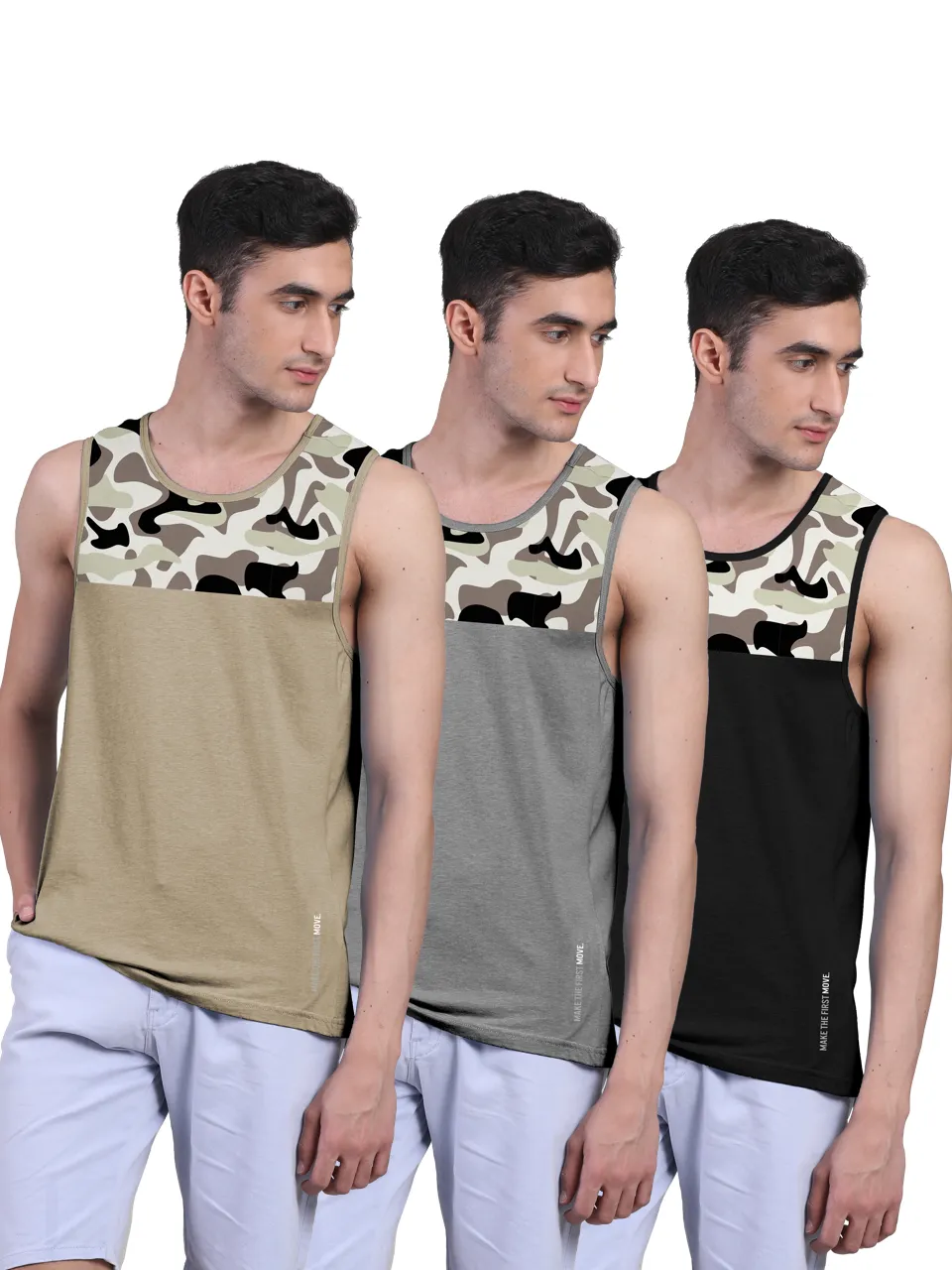 Active Vest For Men's Front Yoke Camouflage Regular Organic Bamboo Vest - Active Fit (Pack of 3)