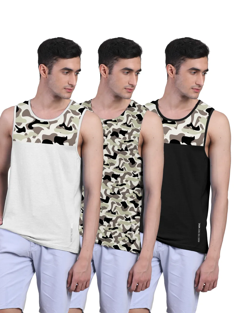Active Vest For Men's Front Yoke Camouflage Regular Organic Bamboo Vest - Active Fit (Pack of 3)