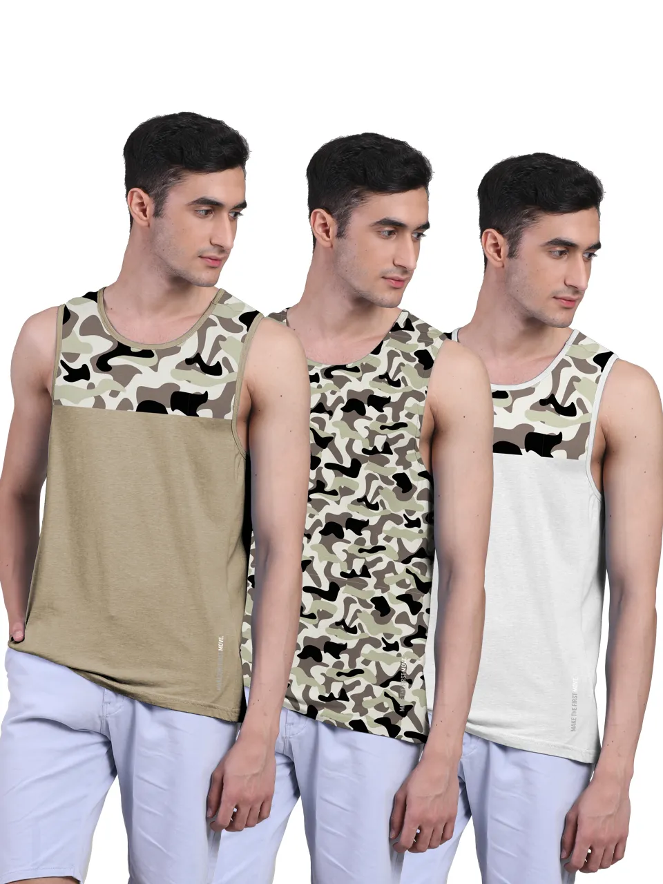 Active Vest For Men's Front Yoke Camouflage Regular Organic Bamboo Vest - Active Fit (Pack of 3)