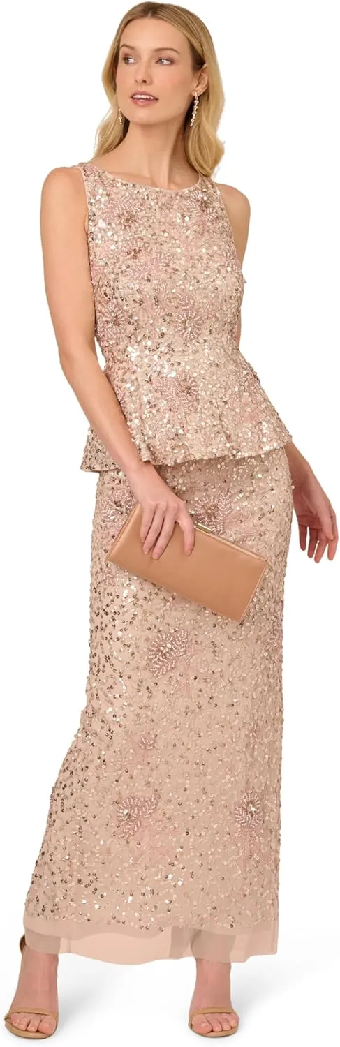 Adrianna Papell Women's Beaded Peplum Long Dress