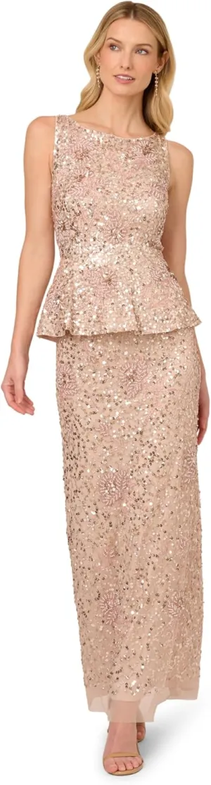 Adrianna Papell Women's Beaded Peplum Long Dress