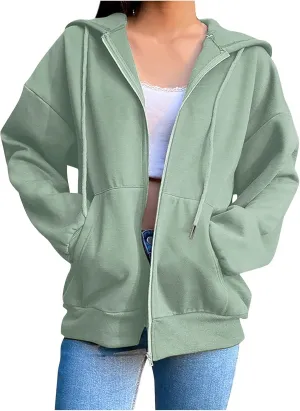 aihihe Zip Up Hoodie Women Oversized Lightweight Jackets Coats Long Sleeve Drawstring Hoodie Sweatshirt