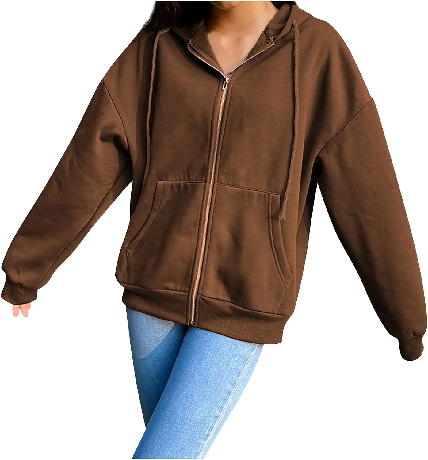 aihihe Zip Up Hoodie Women Oversized Lightweight Jackets Coats Long Sleeve Drawstring Hoodie Sweatshirt