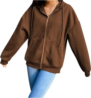 aihihe Zip Up Hoodie Women Oversized Lightweight Jackets Coats Long Sleeve Drawstring Hoodie Sweatshirt