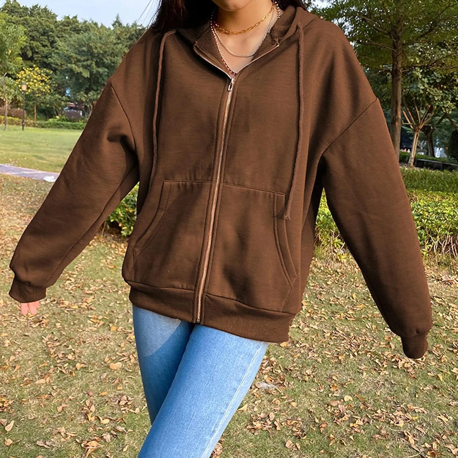 aihihe Zip Up Hoodie Women Oversized Lightweight Jackets Coats Long Sleeve Drawstring Hoodie Sweatshirt