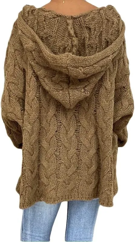 Akivide Women's Oversized Chunky Cable Knit Pullover Hooded Sweaters V Neck Long Sleeve Loose Hoodies