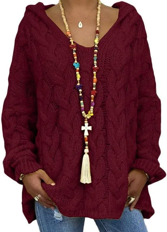Akivide Women's Oversized Chunky Cable Knit Pullover Hooded Sweaters V Neck Long Sleeve Loose Hoodies