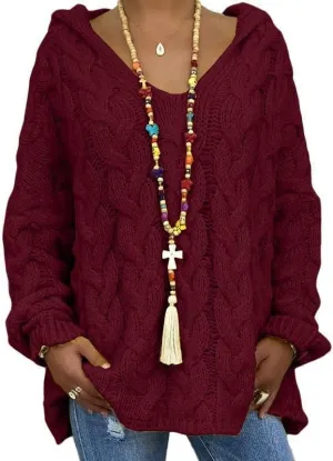 Akivide Women's Oversized Chunky Cable Knit Pullover Hooded Sweaters V Neck Long Sleeve Loose Hoodies