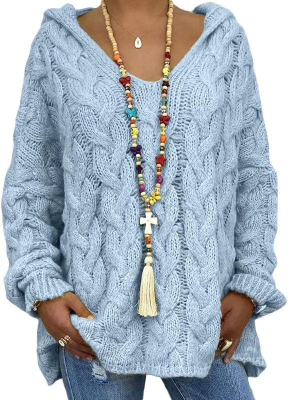 Akivide Women's Oversized Chunky Cable Knit Pullover Hooded Sweaters V Neck Long Sleeve Loose Hoodies
