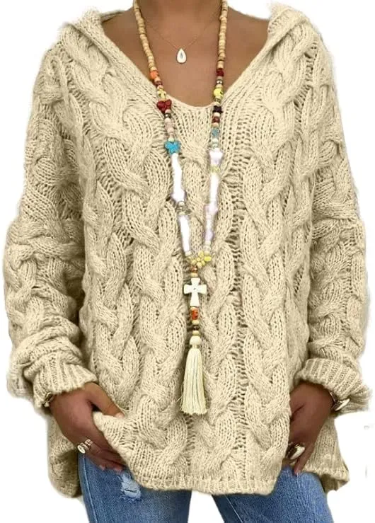Akivide Women's Oversized Chunky Cable Knit Pullover Hooded Sweaters V Neck Long Sleeve Loose Hoodies