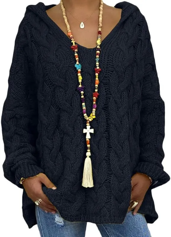 Akivide Women's Oversized Chunky Cable Knit Pullover Hooded Sweaters V Neck Long Sleeve Loose Hoodies