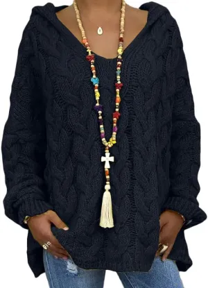 Akivide Women's Oversized Chunky Cable Knit Pullover Hooded Sweaters V Neck Long Sleeve Loose Hoodies