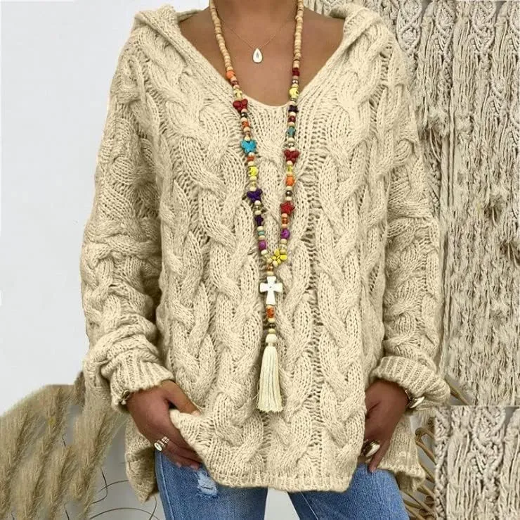Akivide Women's Oversized Chunky Cable Knit Pullover Hooded Sweaters V Neck Long Sleeve Loose Hoodies