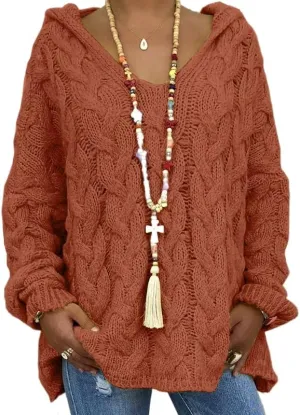 Akivide Women's Oversized Chunky Cable Knit Pullover Hooded Sweaters V Neck Long Sleeve Loose Hoodies