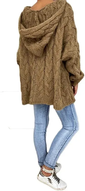 Akivide Women's Oversized Chunky Cable Knit Pullover Hooded Sweaters V Neck Long Sleeve Loose Hoodies