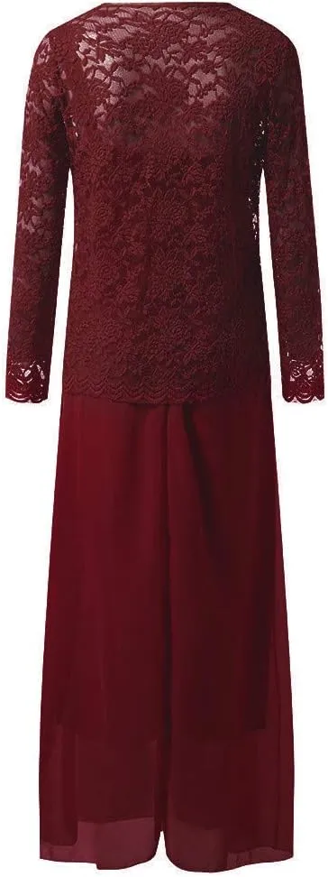 Aniywn Women Plus Size Two Piece Long Sleeve Party Dress Lace Solid Color Elegant Long Maxi Dress Mini Dress