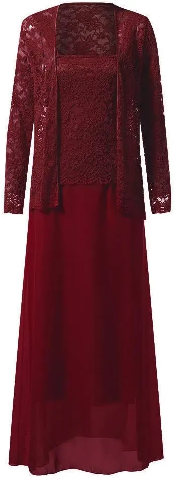 Aniywn Women Plus Size Two Piece Long Sleeve Party Dress Lace Solid Color Elegant Long Maxi Dress Mini Dress