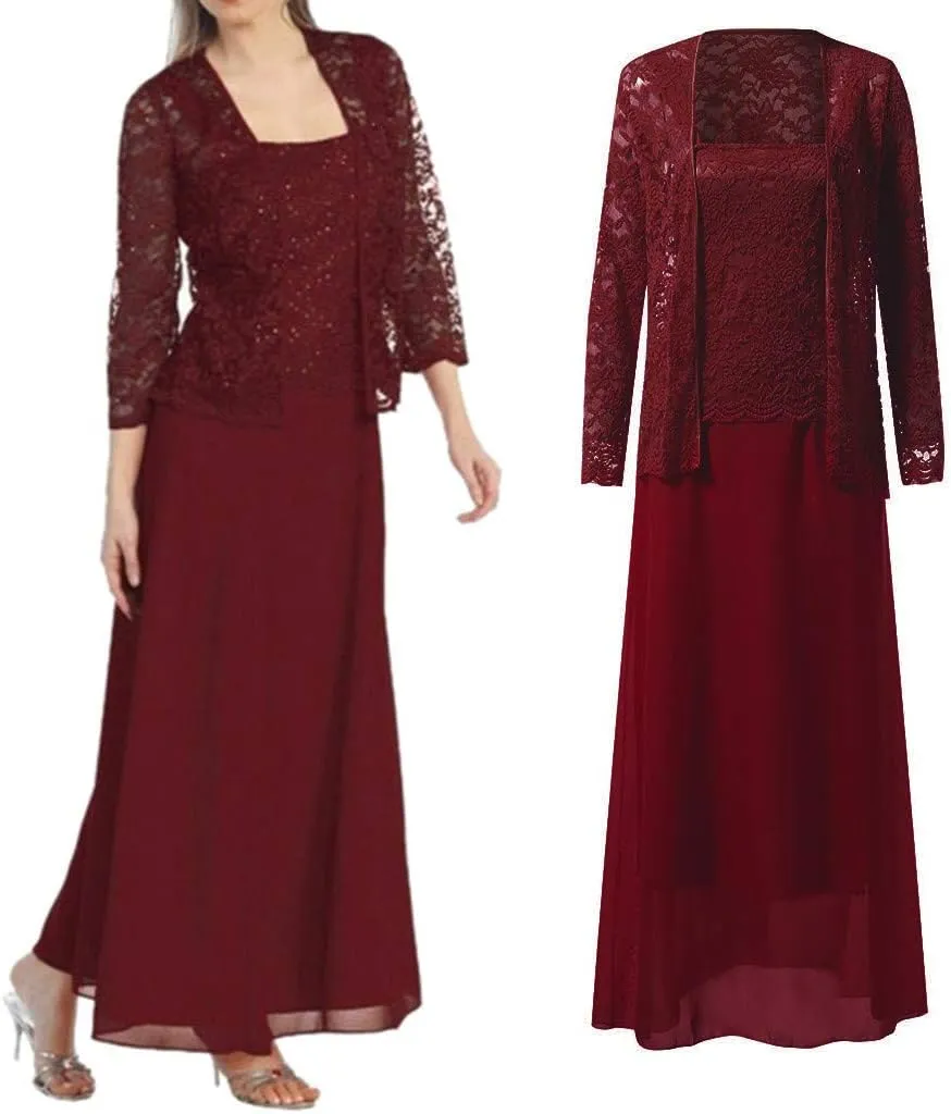 Aniywn Women Plus Size Two Piece Long Sleeve Party Dress Lace Solid Color Elegant Long Maxi Dress Mini Dress