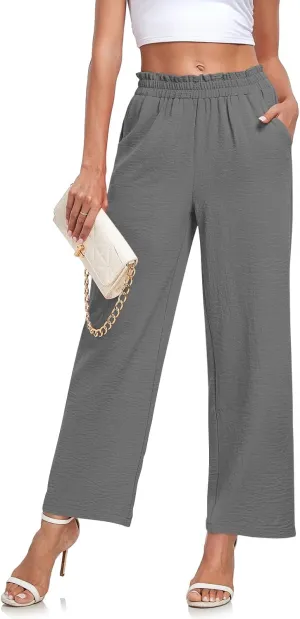 Anydeer Women Pants Loose Wide Leg Trousers Straight Casual Dressy Palazzo Ruffle High Waist Slacks with Pockets