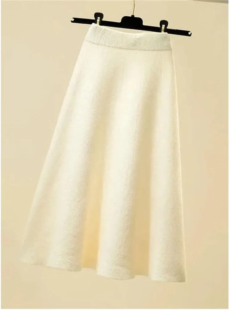 Autumn Knitted Pleated Skirt Women's Midi Elastic High Waist A-Line Sweater Skirts