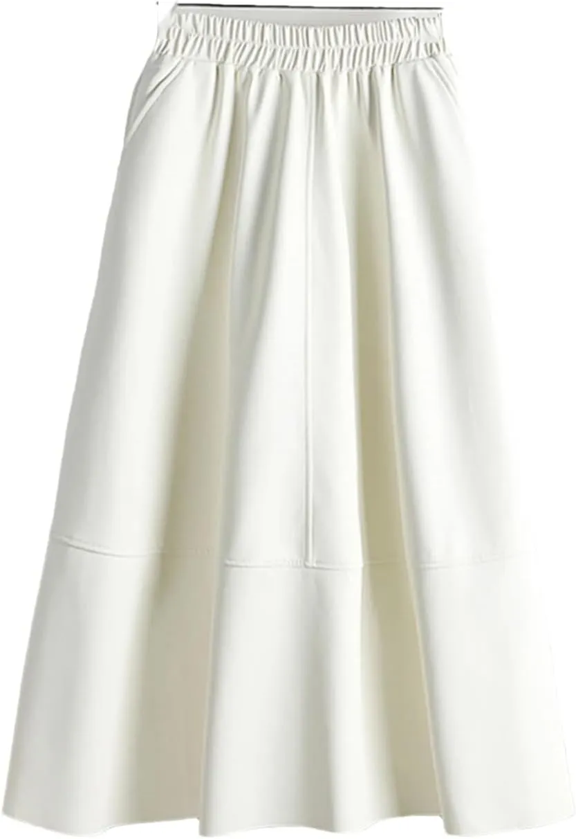 Autumn Winter Female Faux PU-Leather Midi Skirts Patchwork High Waist A-Line Umbrella Skirts Pockets