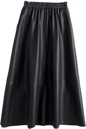 Autumn Winter Female Faux PU-Leather Midi Skirts Patchwork High Waist A-Line Umbrella Skirts Pockets
